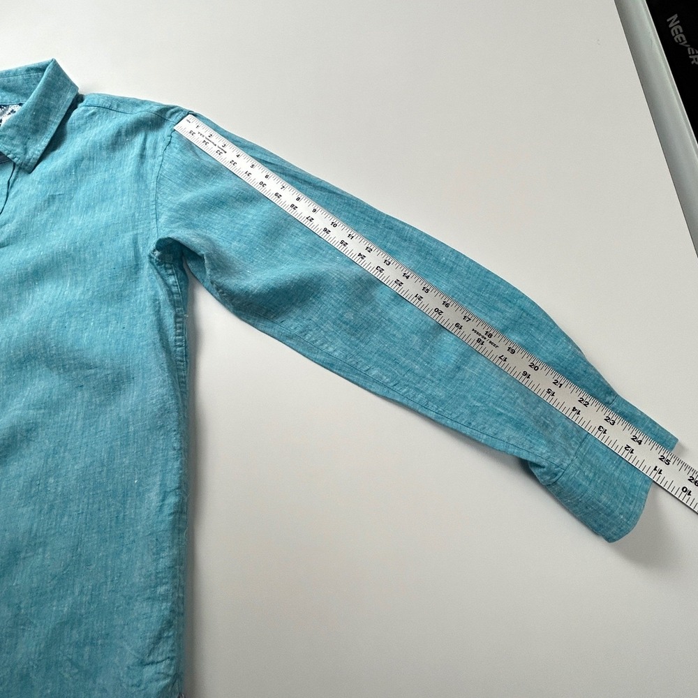 Tobias Linen Button Down Shirt Mens Medium Turquoise Long Sleeve Casual Vacation - Picture 10 of 16
